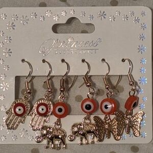 Princess Accessories Hamsa, Elephant & Butterfly Charm Earring Set - Red & Gold